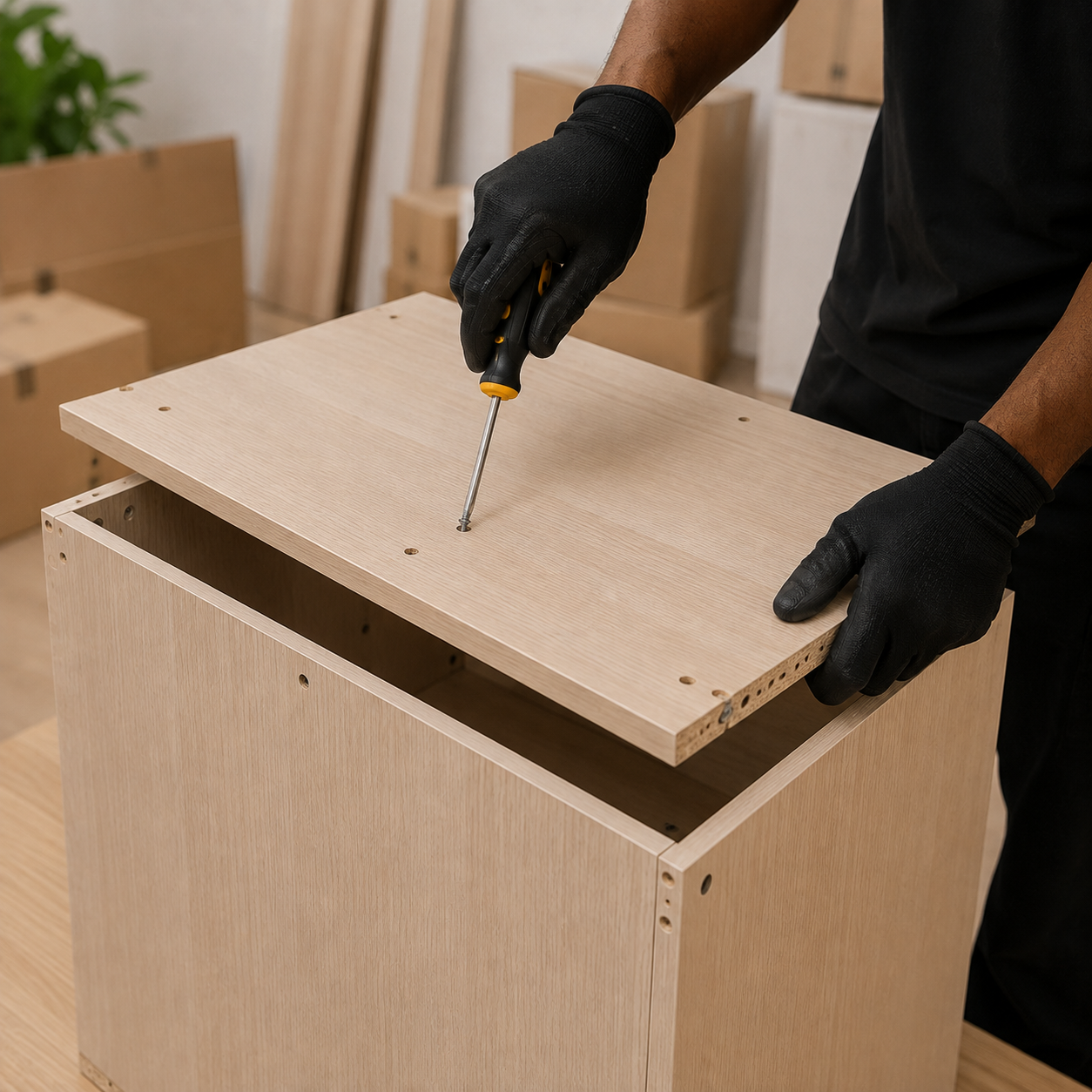 Mains gantées vissant le dessus d’un meuble en bois clair lors d’un montage à domicile