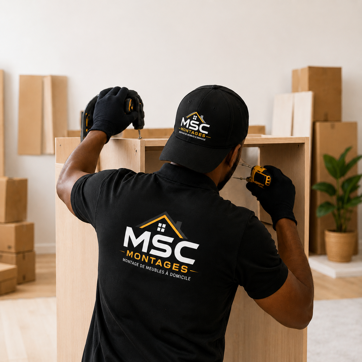 Technicien MSCMONTAGES en polo floqué montant un meuble en bois à la visseuse, cartons de déménagement en arrière-plan