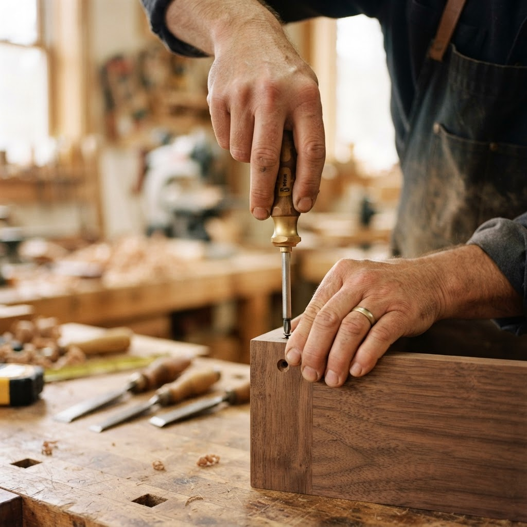 Gros plan sur les mains d'un artisan montant un meuble avec précision
